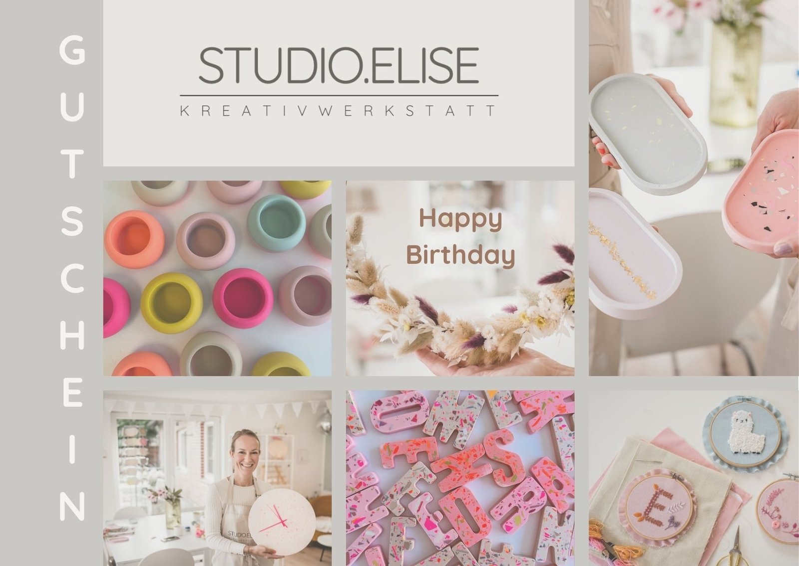 STUDIO.ELISE Gutschein Collage: Maike im Workshop, Makramee, Terrazzo-Kunst, bunte Schalen, Stickerei & kreative DIY-Ideen.