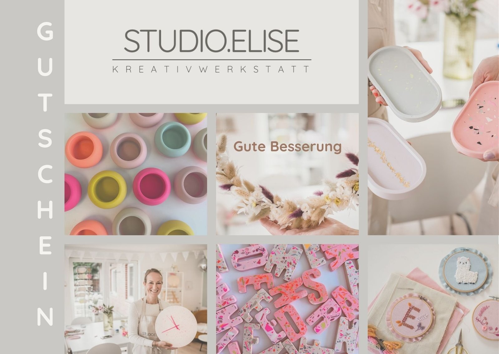 Collage: Terrazzo, Makramee Workshops bei Studio Elise-bunte Silikonformen, Handarbeiten, Stickerei & Gutschein mit lächelnder Maike.