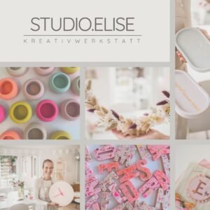 Collage: Terrazzo, Makramee & DIY-Workshops bei Maike im Studio.Elise; Handarbeiten, lachende Frau, Gutschein vertikal links.