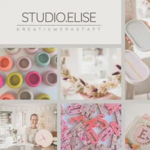 Collage: Terrazzo, Makramee & DIY-Workshops bei Maike im Studio.Elise; Handarbeiten, lachende Frau, Gutschein vertikal links.