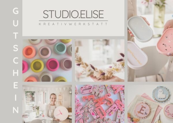 Collage: Terrazzo, Makramee & DIY-Workshops bei Maike im Studio.Elise; Handarbeiten, lachende Frau, Gutschein vertikal links.