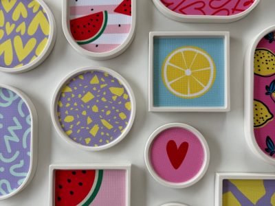 Bunte Design-Trays mit Terrazzo-Inlays und Mustern wie Wassermelonen, Herzen & Streifen - Workshop-Beispiel bei Studio Elise.