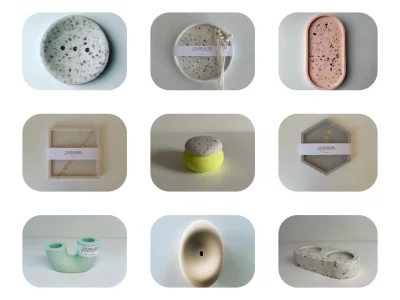 Handgemachte Terrazzo-Deko aus Jesmonite: Tabletten, Untersetzer & Schalen aus Maikes Studio.Elise Workshop in Pastellfarben.